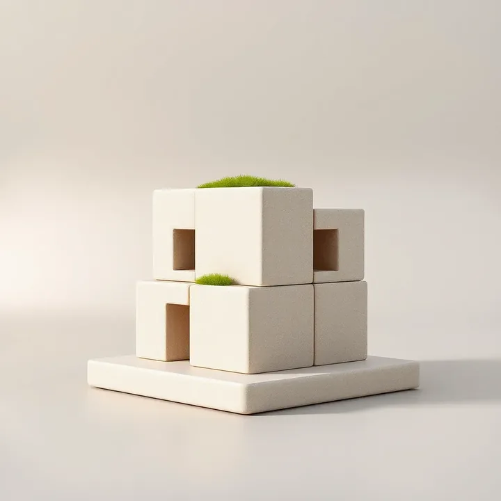 Limestone blocks stacked into a small building, with moss on top