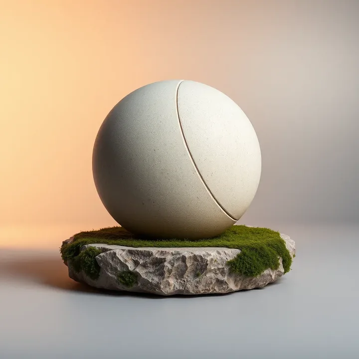 A carved stone sphere resting on a mossy slab